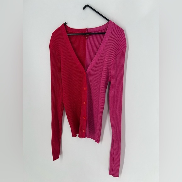 Staud Cargo Two Tone Rib Knit Metallic Sweater Cardigan In Lava & Peony - Picture 3 of 8